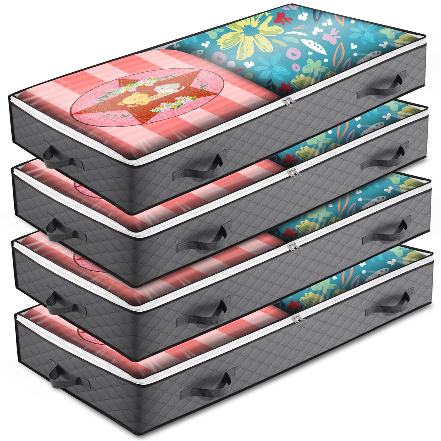 4 Pack Under Bed Storage Bags with Reinforced Handles,90L Visible Underbed Storage,Breathable Non-woven Closet Storage for Blanket