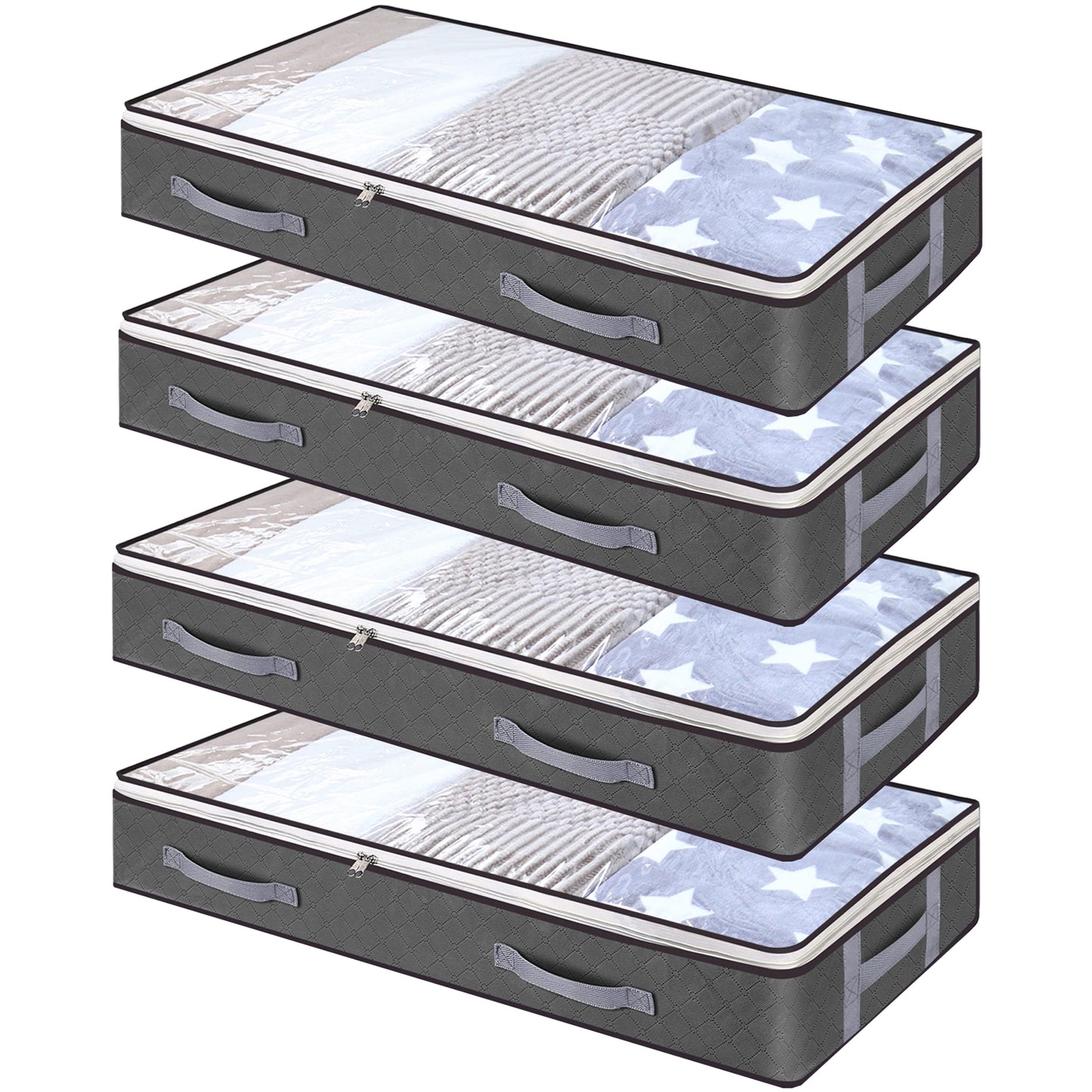 4 Pack Under bed Storage Bag with H Reinforced Handles,75L Visible Underbed Storage,Breathable Non-woven Closet Storage for Blanket