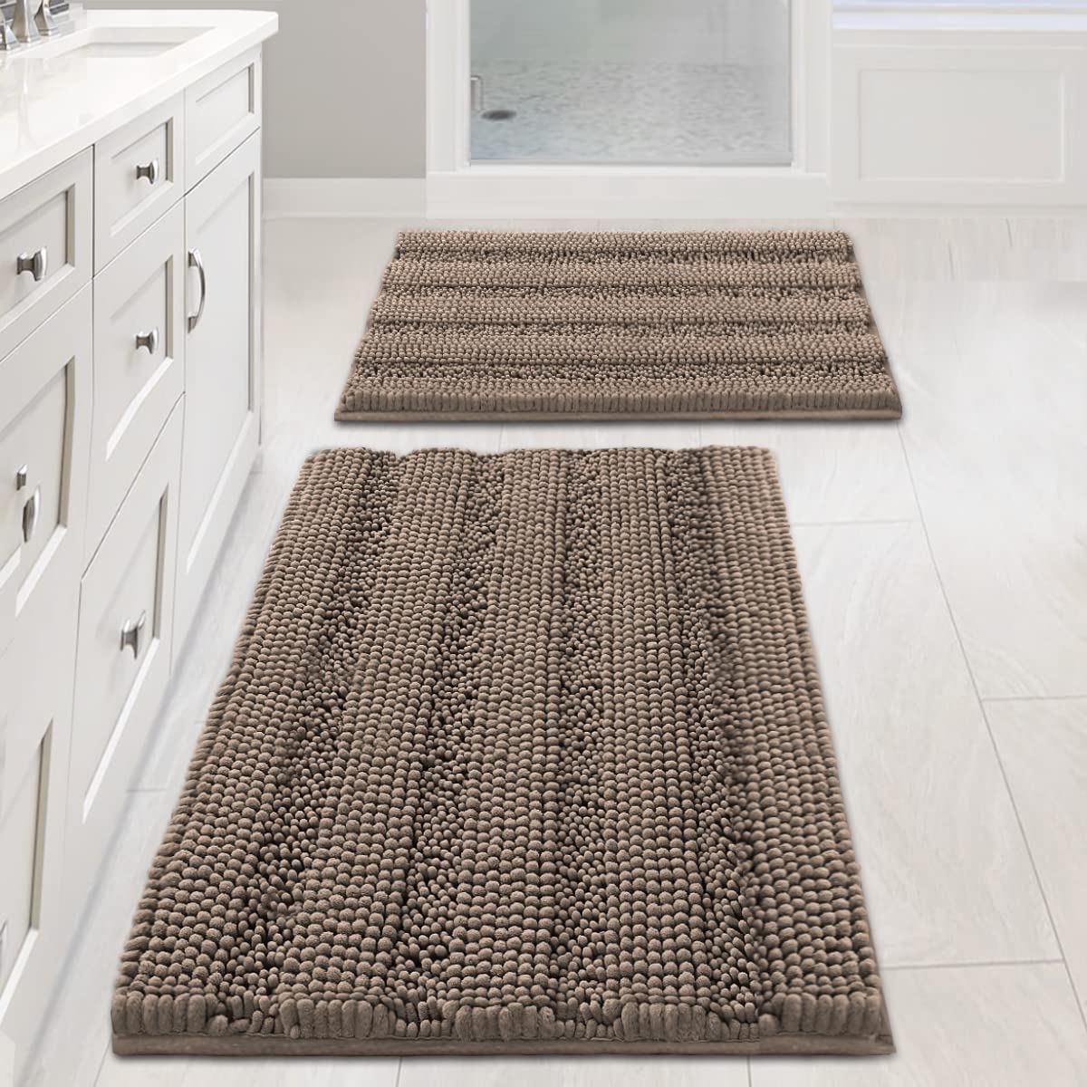 FOINWER Bathroom Rugs Sets 2 Piece, Soft Absorbent Memory Foam Bath Mats Set, Dry Fast Bath Mat, Machine Washable Bath Rug Set for Bathroom, 17x24+31.5x19.8 Inches, Brown