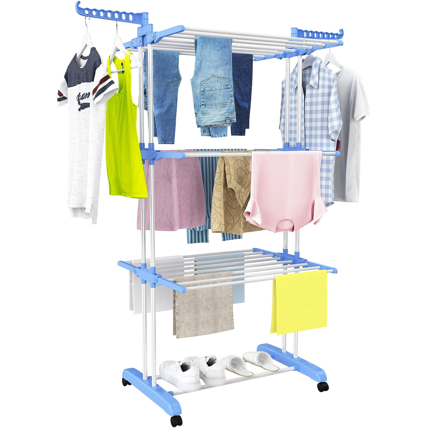 Clothes Drying Rack, Large 4-Tier Foldable Drying Rack Clothin, Movable Drying Rack with 4 castors. Multifunctional Stainless Steel Laundry Drying Rack