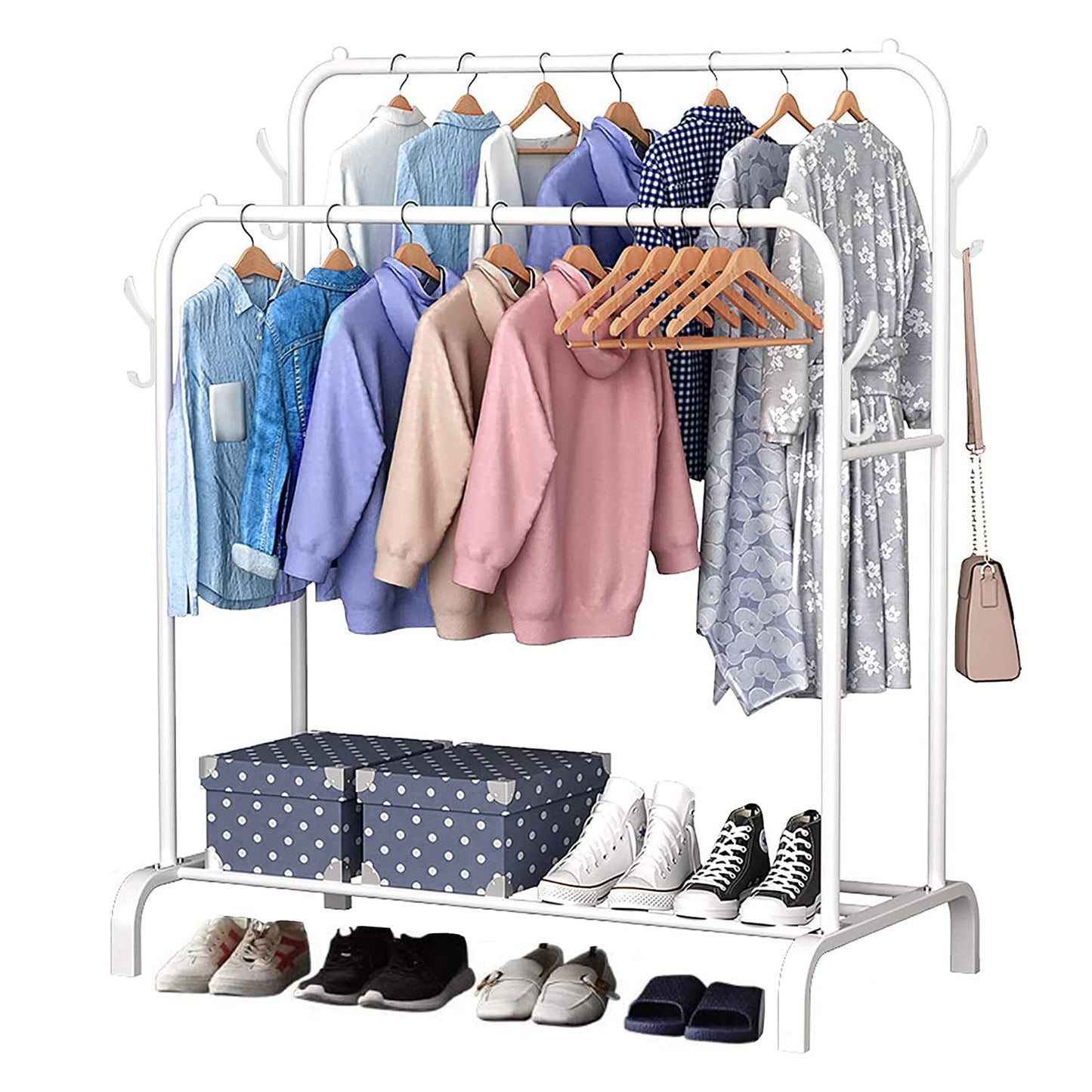 Clothing Racks for Hanging Clothes,Clothes Rack Heavy Duty with Bottom Shelf and 4 Hooks
