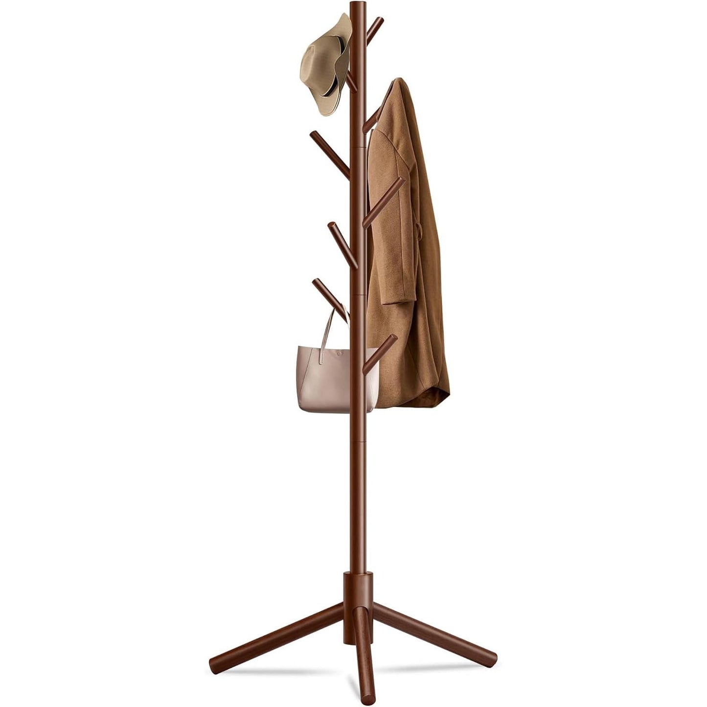 Durable Wooden Coat Rack Stand(New Brown), Freestanding Coat Rack with Stable Triangular Base, 8 Hooks & 3 Adjustable Heights, Simple Assembly for Bedroom, Hallway, Office