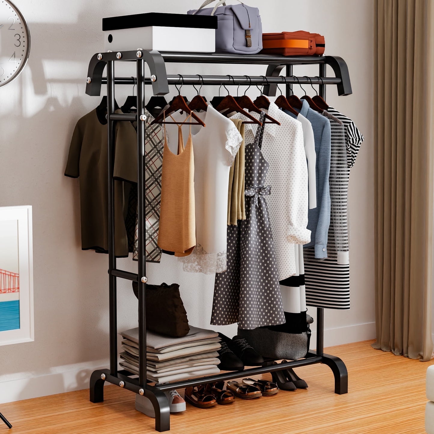 Flngr Clothes Rack, Hanging Clothes with Shelves,Black