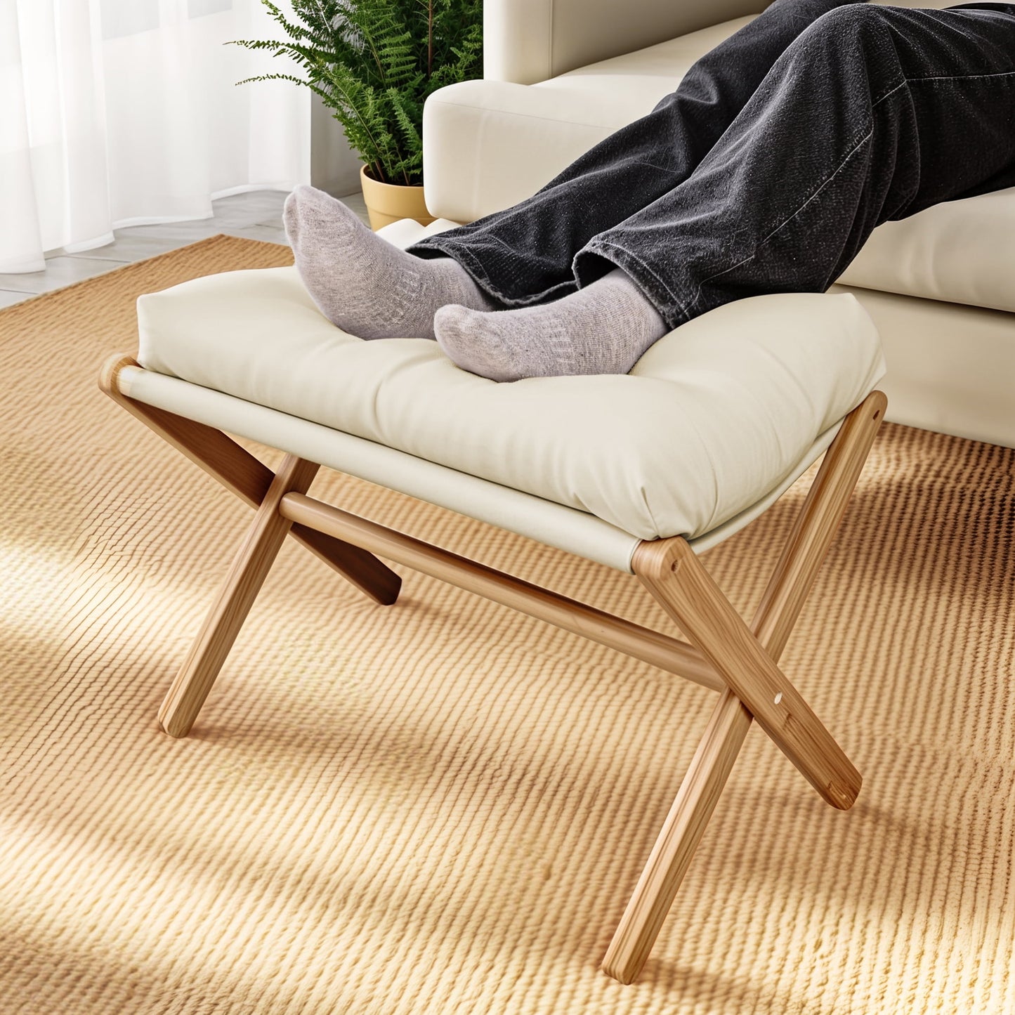 Flngr Folding Footrest Stool, Small Accent Ottoman with Thick Cotton Cushion & Bamboo X Legs, Modern Padded Sofa Stool for Makeup Bedroom Living Room