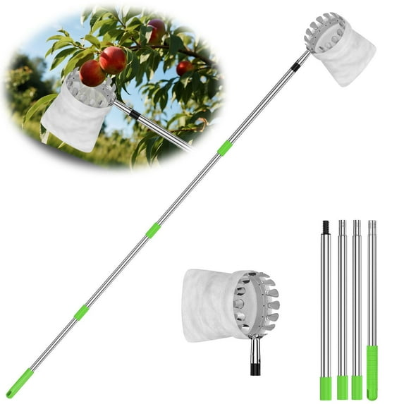 Flngr Fruit Picker Pole with Basket Telescoping, 5.3 FT Adjustable Fruits Picker Tool with Lightweight Stainless Steel Pole and Big Non Woven Basket Fruits Catcher Tree Picker for Apples
