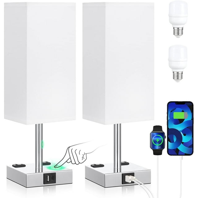 Bedside Table Lamp Touch Control, with USB C+A Charging Ports & Dual AC Outlets, 3-Way Nightstand Lamp for Bedroom with LampShade Living Room Office(LED Dimmable Bulb Included)