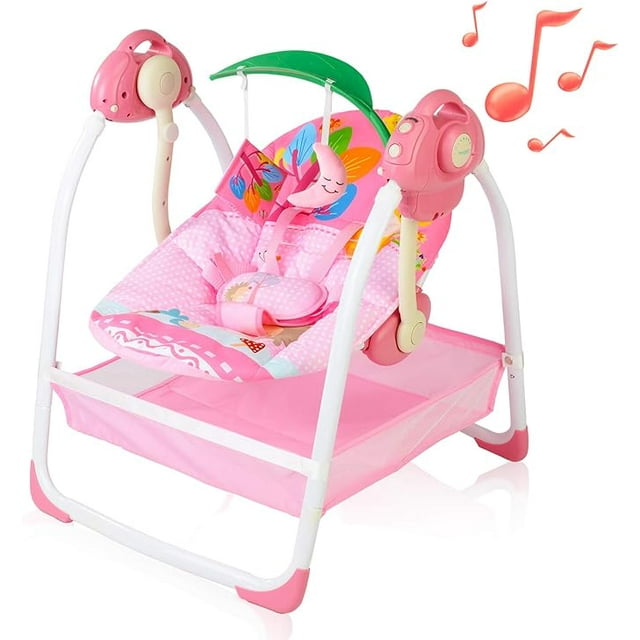 Foinwer Baby Swings,Upgraded Portable Baby Swing with 6 Motions,Toys,Music,Timing,Baby Rocker for 0-12 Months 6-44 lbs,Pink