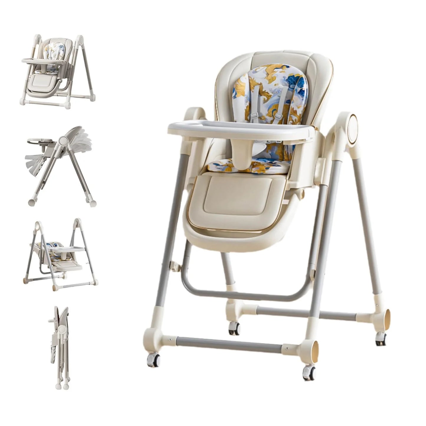 Foldable Baby High Chair with Wheels – Adjustable Height & Reclining Backrest, Footrest, Double Removable Tray (Grey