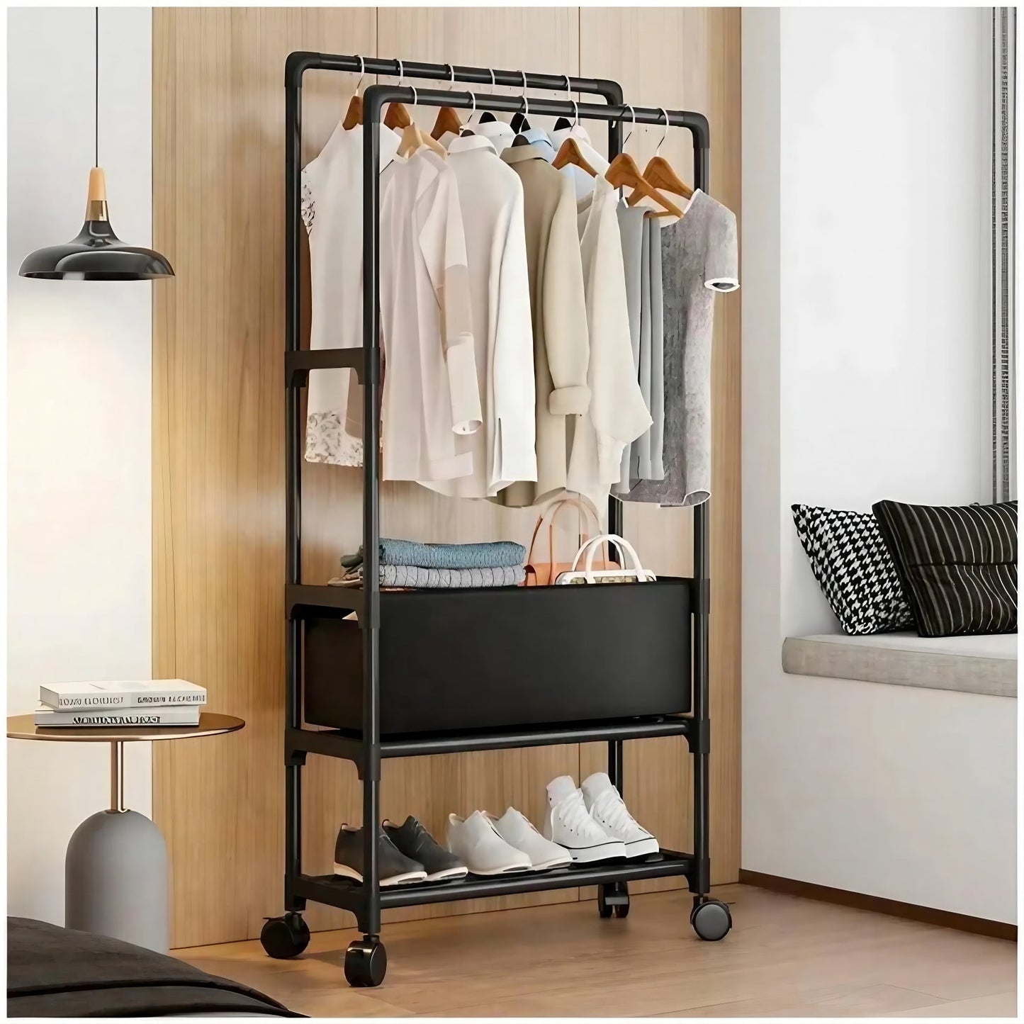 Kalageen Clothes Rack on Wheels,3-in-1 Clothes Organizer Stand,Double Rod Garment Rack with Shoe Storage,Black