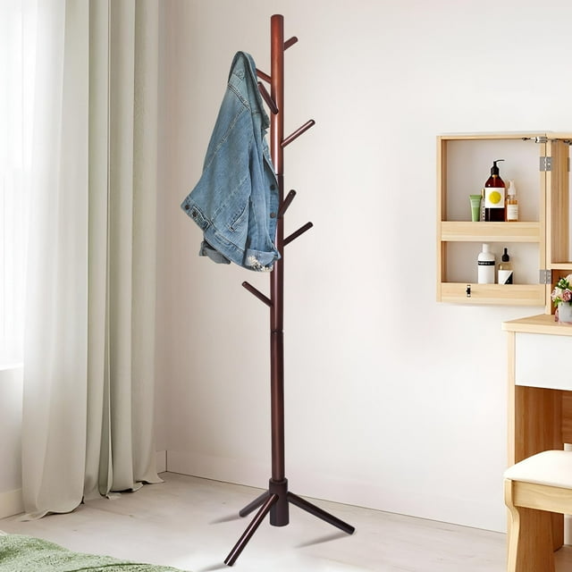 Coat Rack Freestanding-Coat Tree Rack with 8 Hooks,3 Adjustable Height,Heavy Duty Standing Coat Rack for Entryway,Hallway,Bedroom,Office,Dorm,Closet Organization,Wooden Clothes Rack