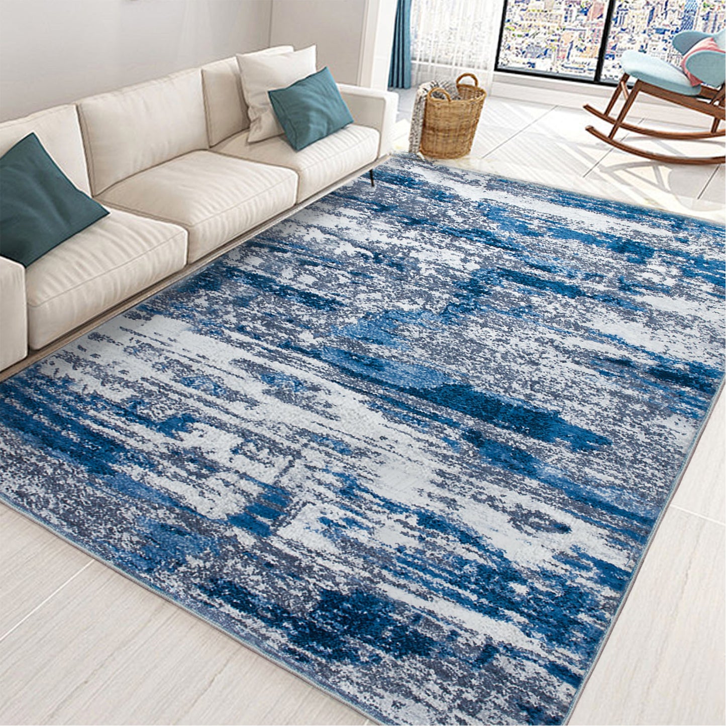 5'x7' Modern Abstract Area Rugs, Machine Washable Rubber Backing Area Rug, Home Decor Carpet for Living Room, Bedroom,Blue