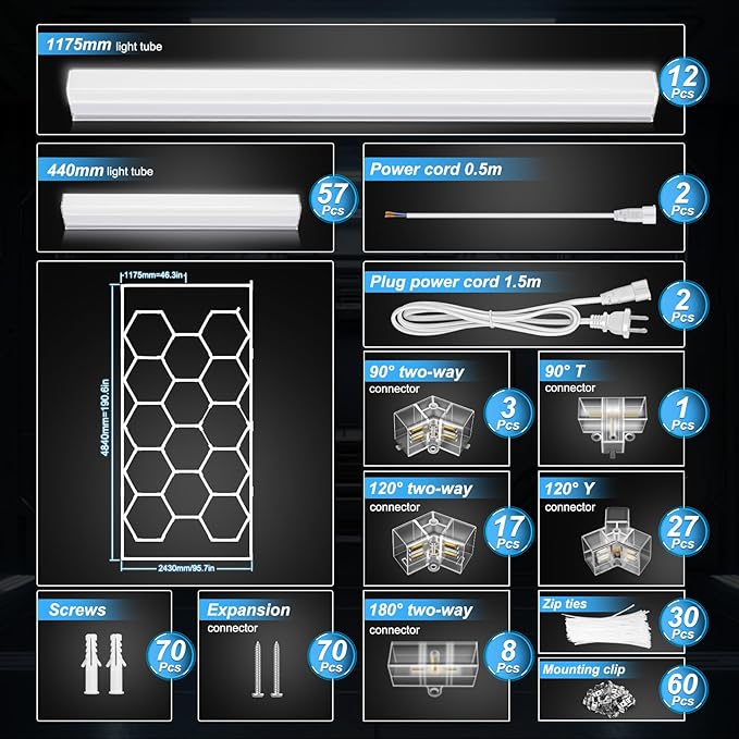 Hohnezl Hexagon Garage Lights, High Brightness 680W 6500K 86000 LM Honeycomb Hexagon Led Garage Light 5 Grid for Garage, Auto Beauty Shop, Warehouse, Gym, Basement etc.