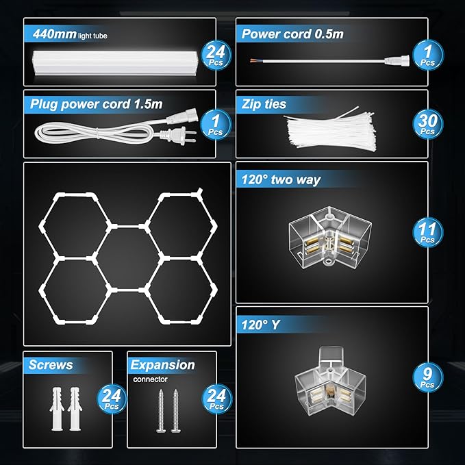 Hohnezl Hexagon Garage Lights, High Brightness 168W 6500K 18480 LM Honeycomb Hexagon Led Garage Light 5 Grid for Garage, Auto Beauty Shop, Warehouse, Gym, Basement etc.