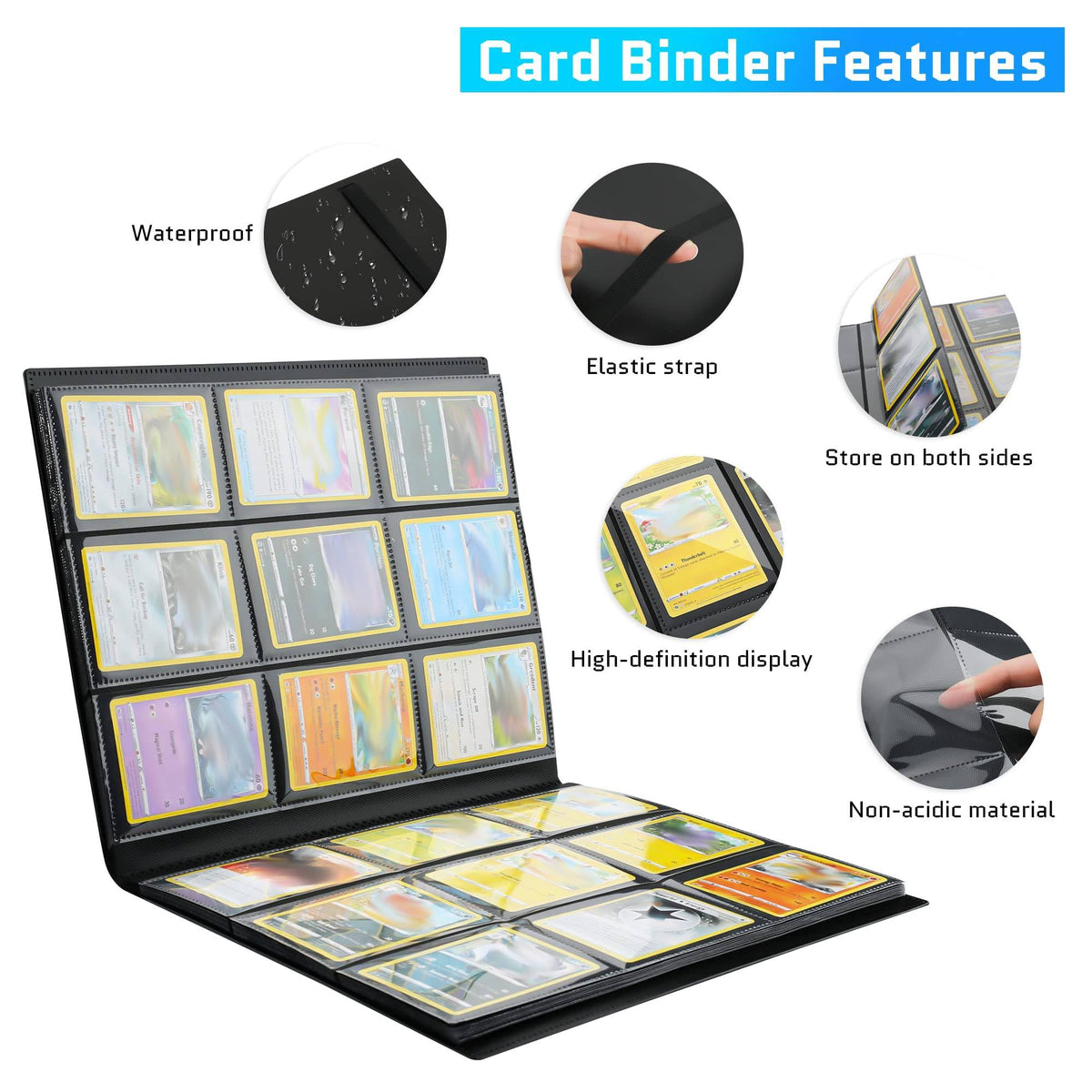 ACEUR Trading Card Binder with 360 Side Loading Pockets,9 Pockets Black Card Album Holder,High Qulity Card Folder for TGC,MTG, Baseball Cards, Yugioh