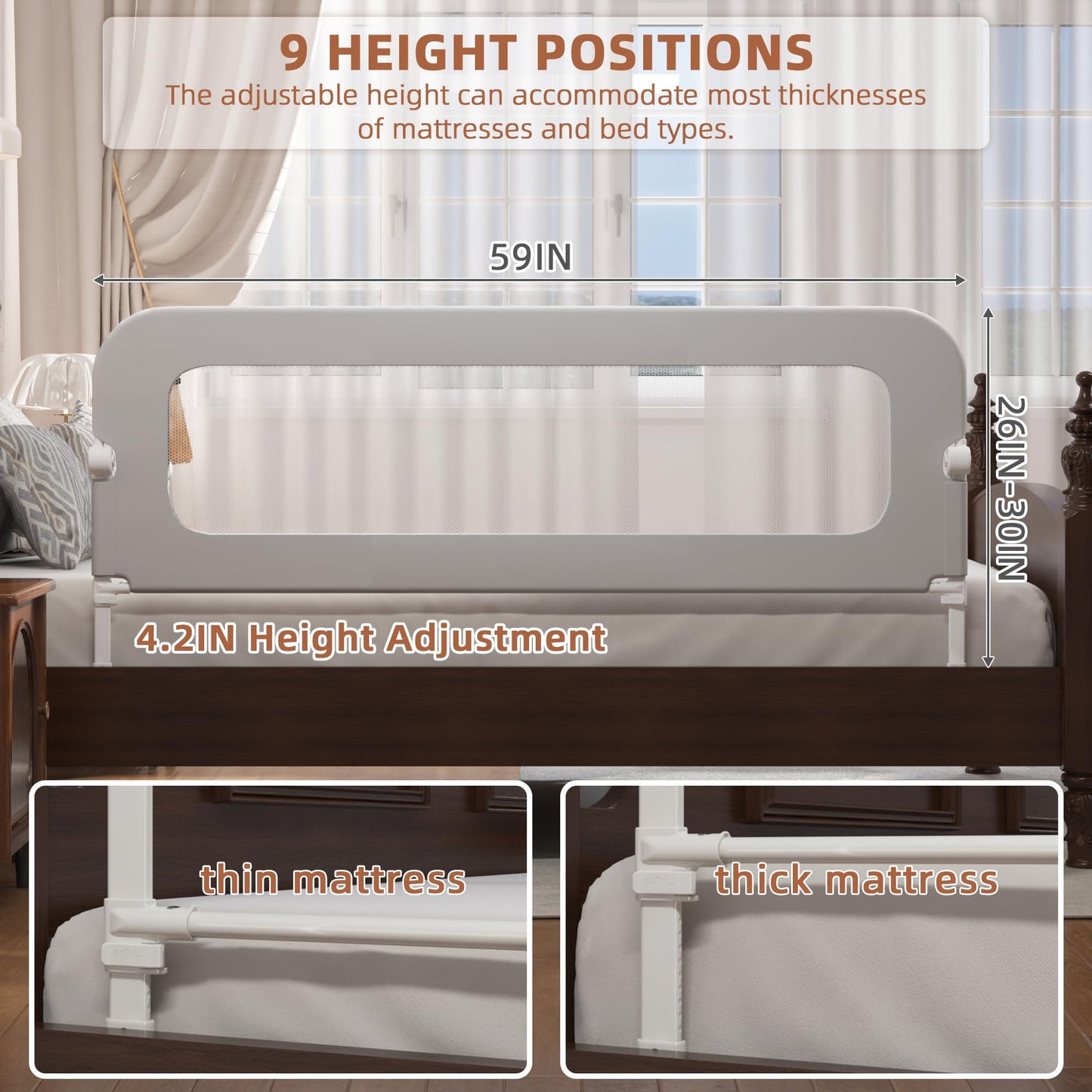 Vikua 46in Baby Safety Rails Height Adjustable Bed Guardrail for Toddlers Single Piece