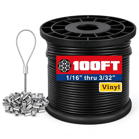 XWYXSTG Black Wire Rope, 1/16 100ft 304 Stainless Steel Overmolded to 3/32 inch with Crimping Sleeves for String Light Hanging, Clotheslines and Trellises