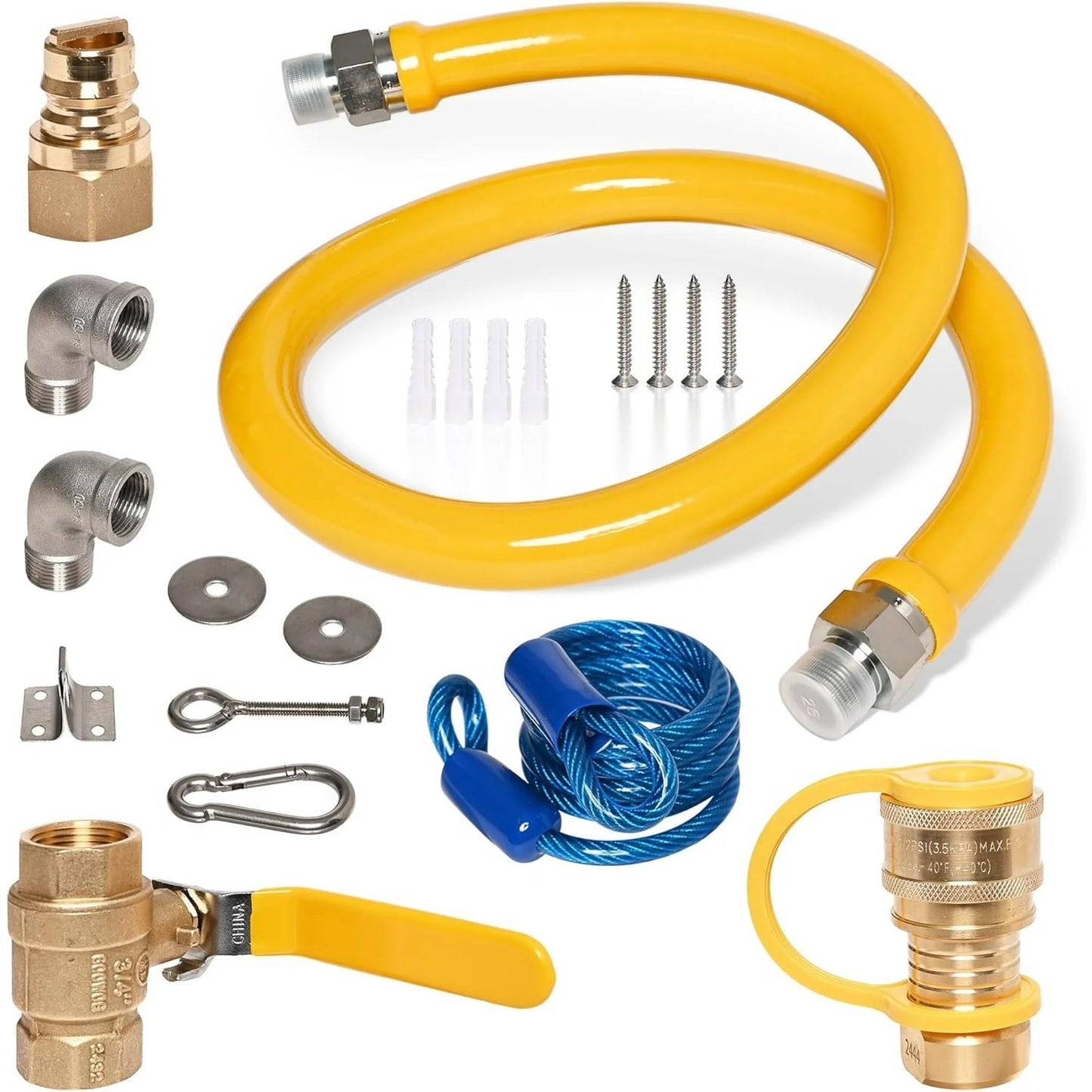 1675kit48 Safety System Kit, 48" Gas Hose Connector Kit with Full Port 3/4" Quick Disconnect 3/4 Gas Flex Line and 2 Elbow Fittings, Gas Line Hose for Kitchen Equipment, Restraining Devices