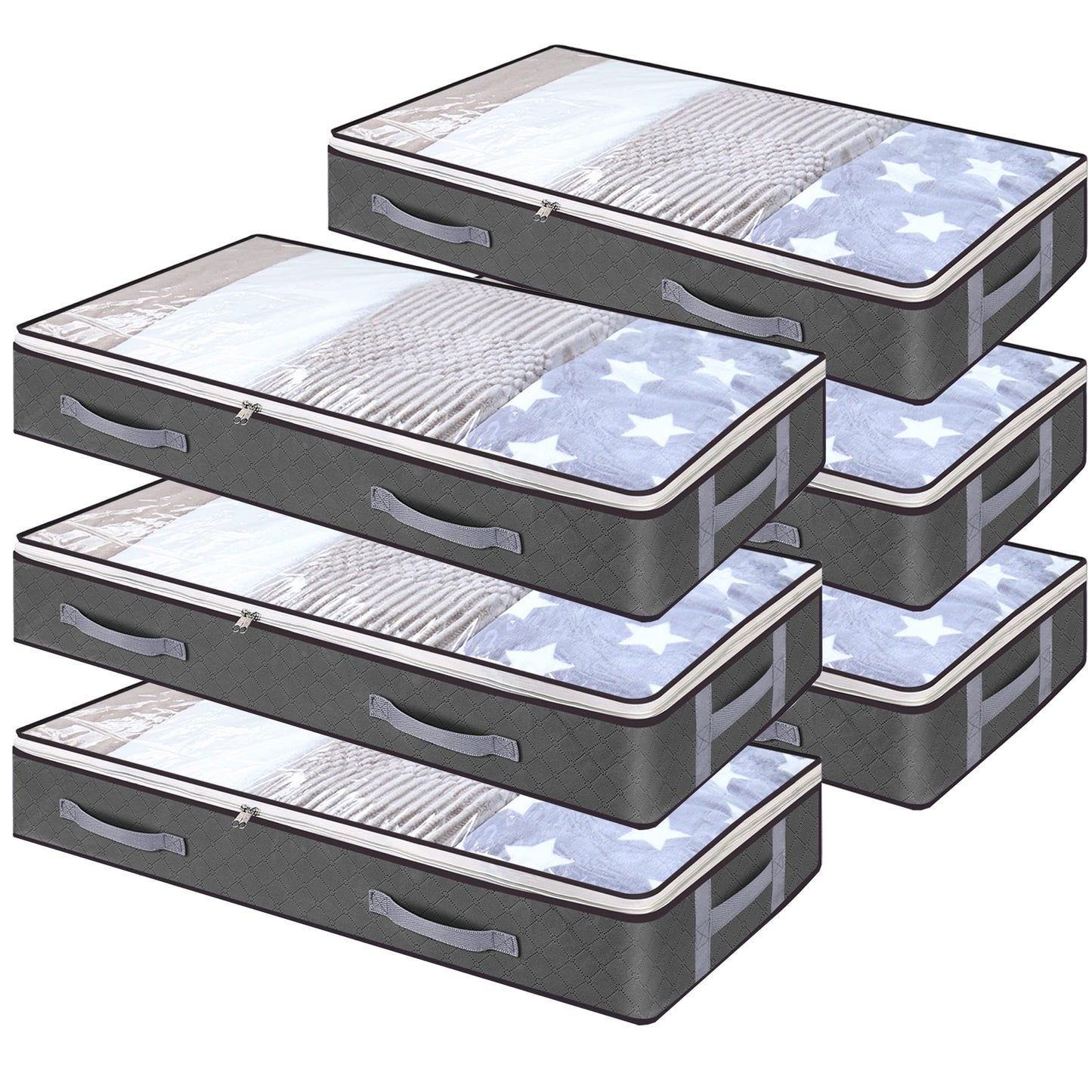 6 Pack Under bed Storage Bag with H Reinforced Handles,75L Visible Underbed Storage,Breathable Non-woven Closet Storage for Blanket