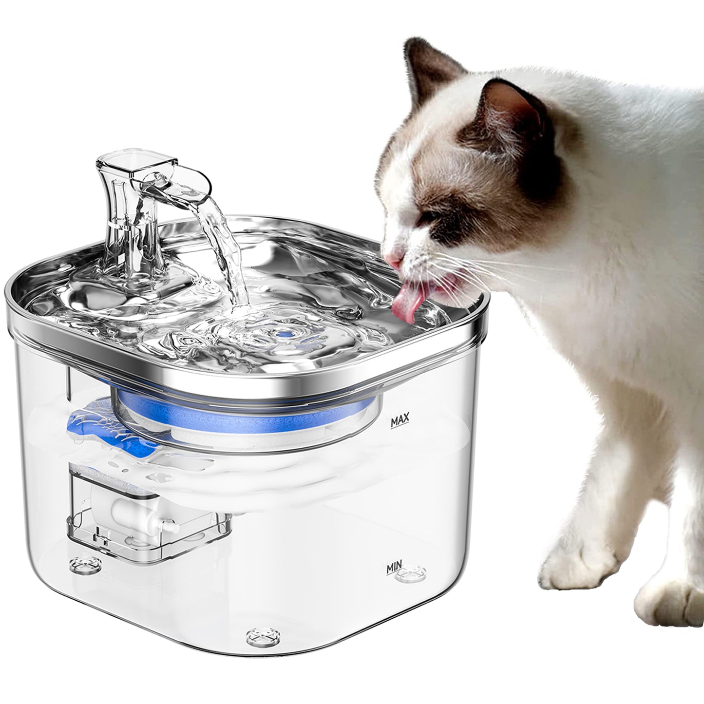 Aceur Cat Water Fountain,67oz/2L Automatic Pet Water Fountain with Stainless Steel Water Bowl,Circulating Filtration System, Easy-to-See Water Level