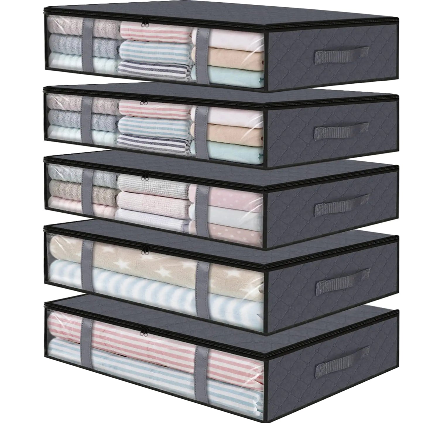 ACEUR 5 Pack Under Bed Storage Bags with Handles,45L Visible Underbed Storage with Zips,Foldable Breathable Non-woven Closet Storage for Blanket, Pillows, Comforters and Quilts