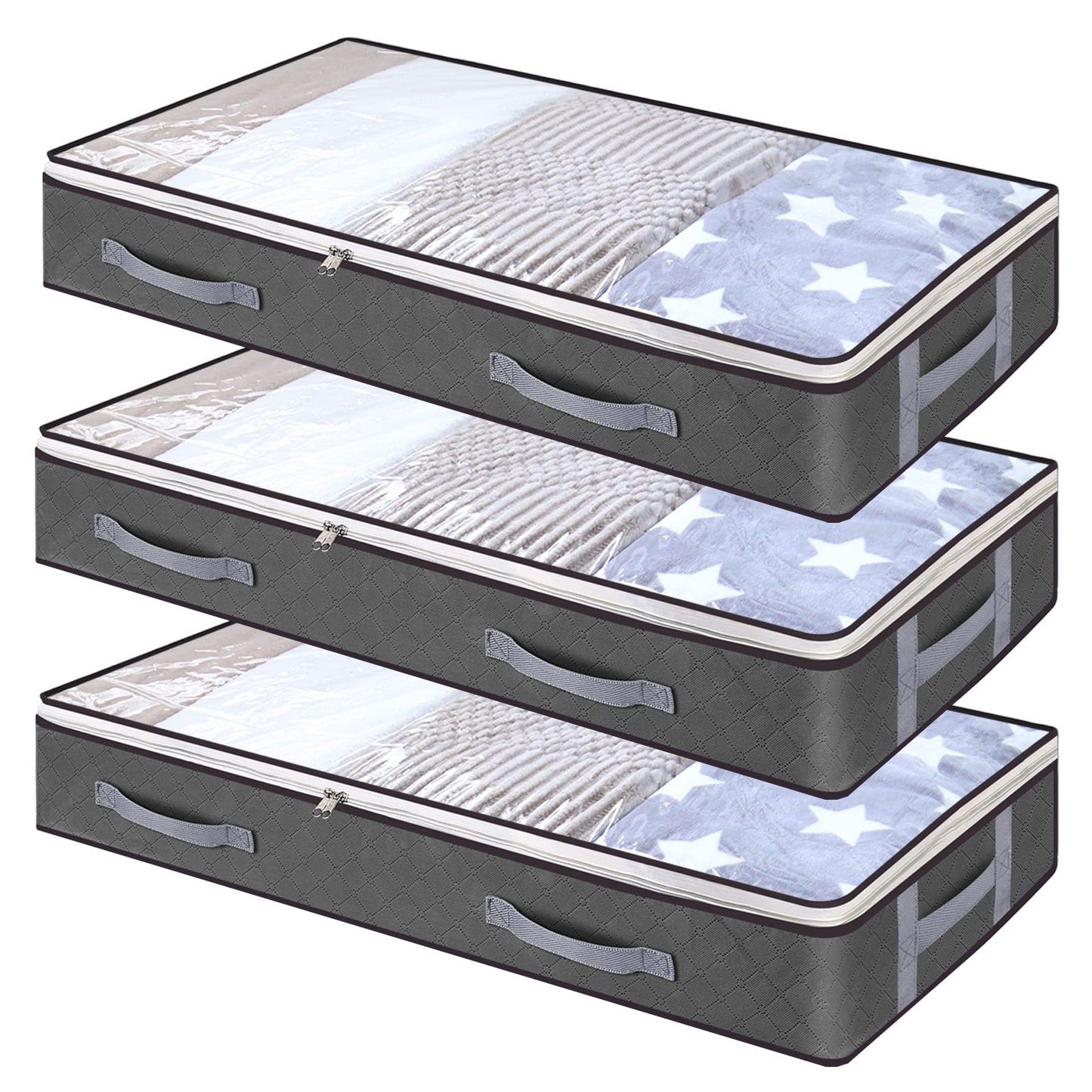 3 Pack Under bed Storage Bag with H Reinforced Handles,75L Visible Underbed Storage,Breathable Non-woven Closet Storage for Blanket