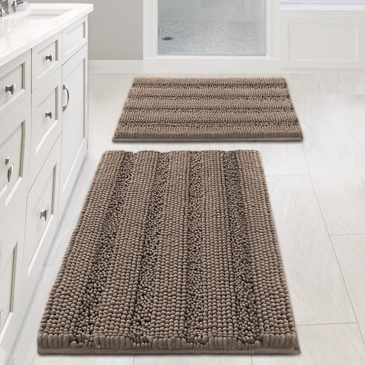 FOINWER Bathroom Rugs Sets 2 Piece, Soft Absorbent Memory Foam Bath Mats Set, Dry Fast Bath Mat, Machine Washable Bath Rug Set for Bathroom, 17x24+31.5x19.8 Inches, Brown