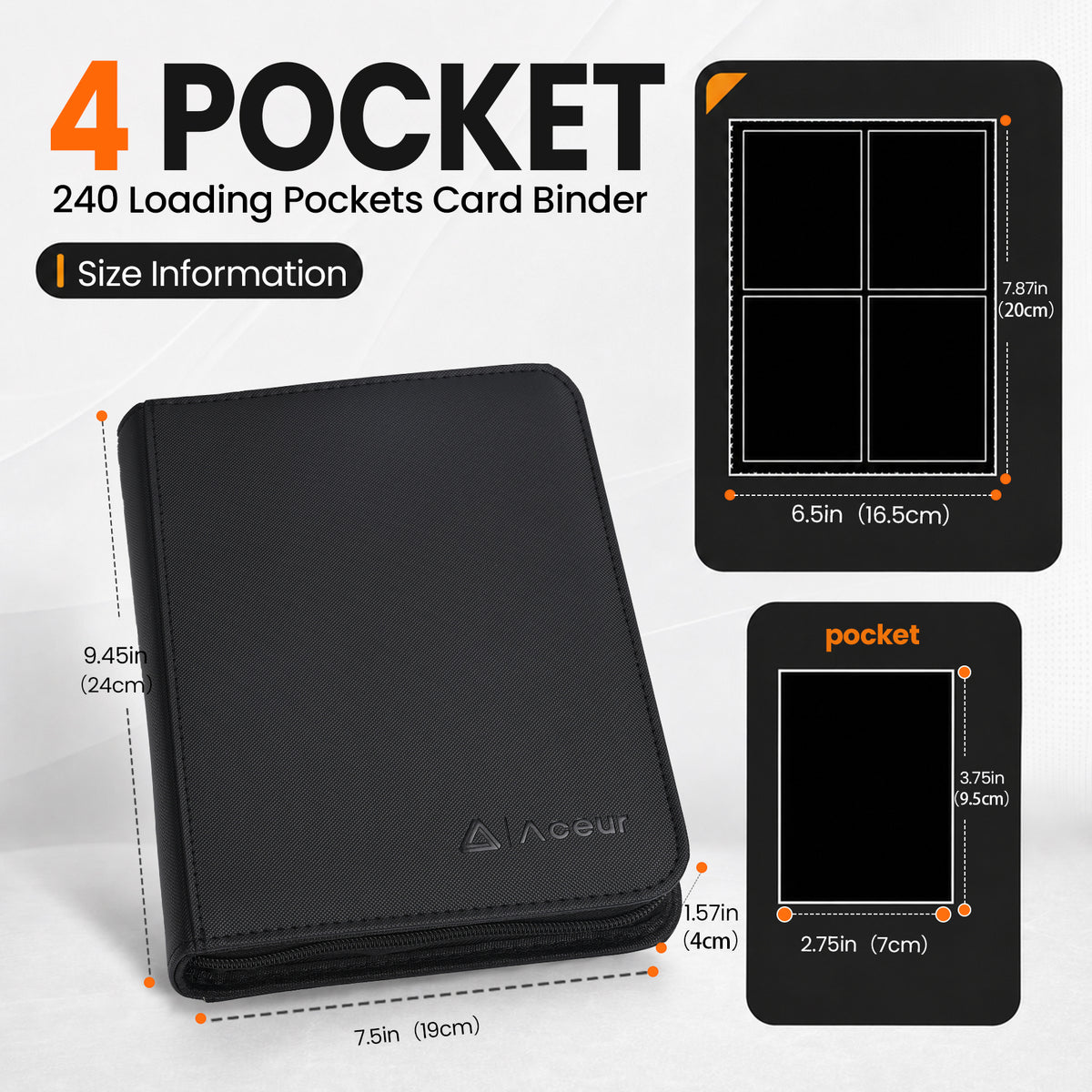 ACEUR Trading Card Binder with 240 Side Loading Pockets, 4 Pocket Trading Card Album Folder for Sport Cards, Game Cards, Black