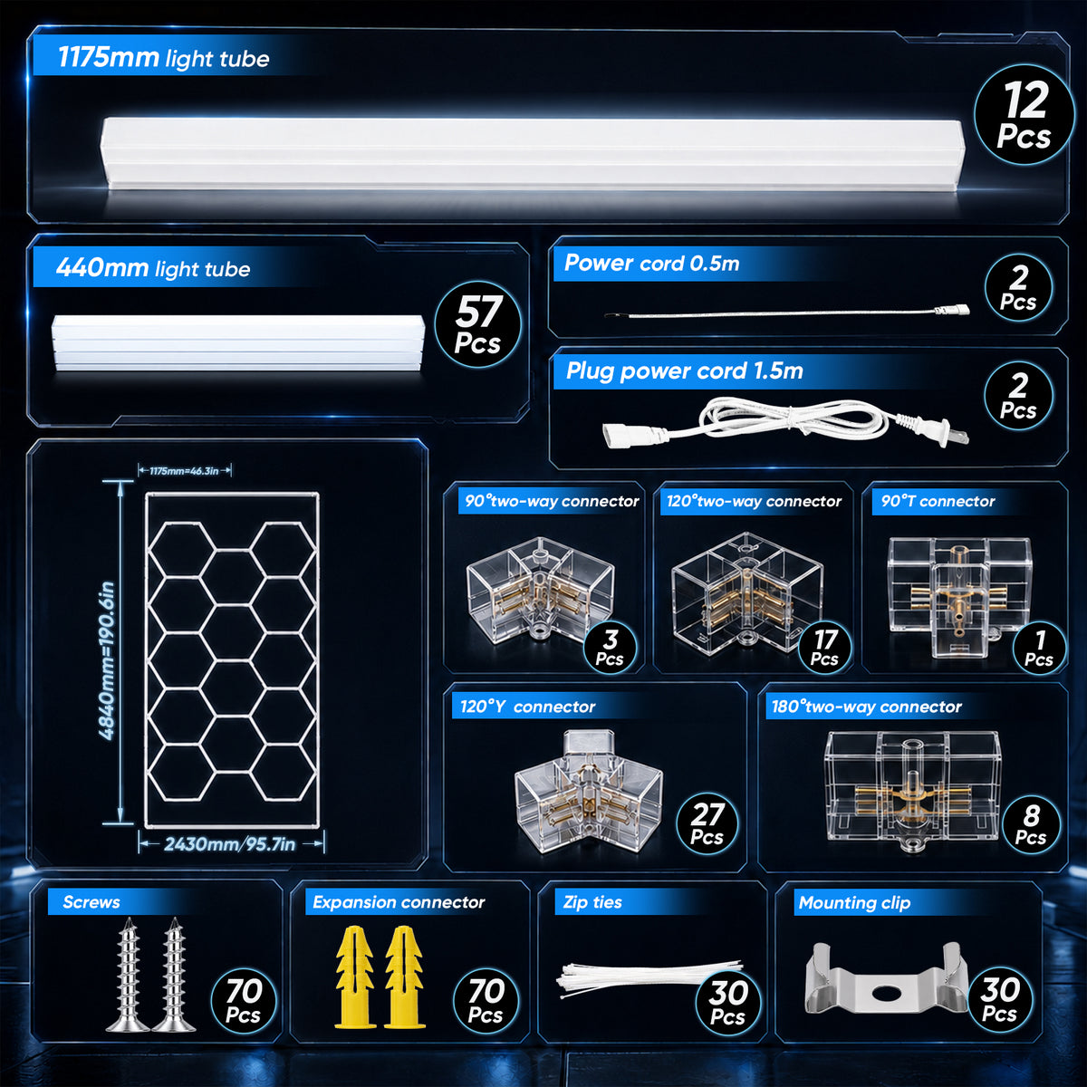 Hohnezl Hexagon Garage Lights, High Brightness 680W 6500K 86000LM Honeycomb Garage Light, 14 hex light with Rectangle Frame for Auto Beauty Shop, Warehouse, Gym, Basement