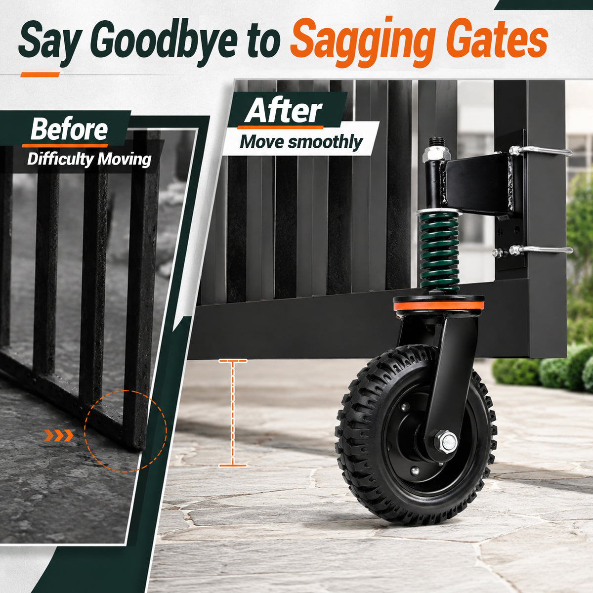 Hohnezl 6'' Heavy Duty Gate Wheel, 500 lb Capacity to Support Sagging Gates, 360° Swivel Spring-Loaded Caster for Metal Tube Gates and Wooden Gates