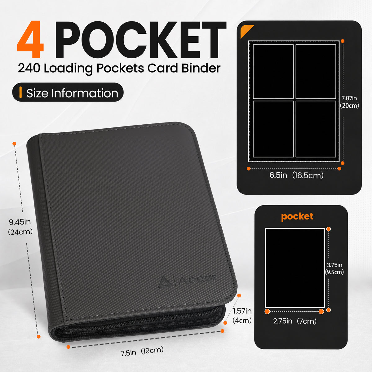 ACEUR Trading Card Binder with 240 Side Loading Pockets, 4 Pocket Trading Card Album Folder for Sport Cards, Game Cards, Gray