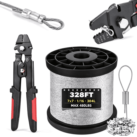 XWYXSTG Wire Rope Crimping Tool Kit, 328ft Stainless Steel Wire Cable ...
