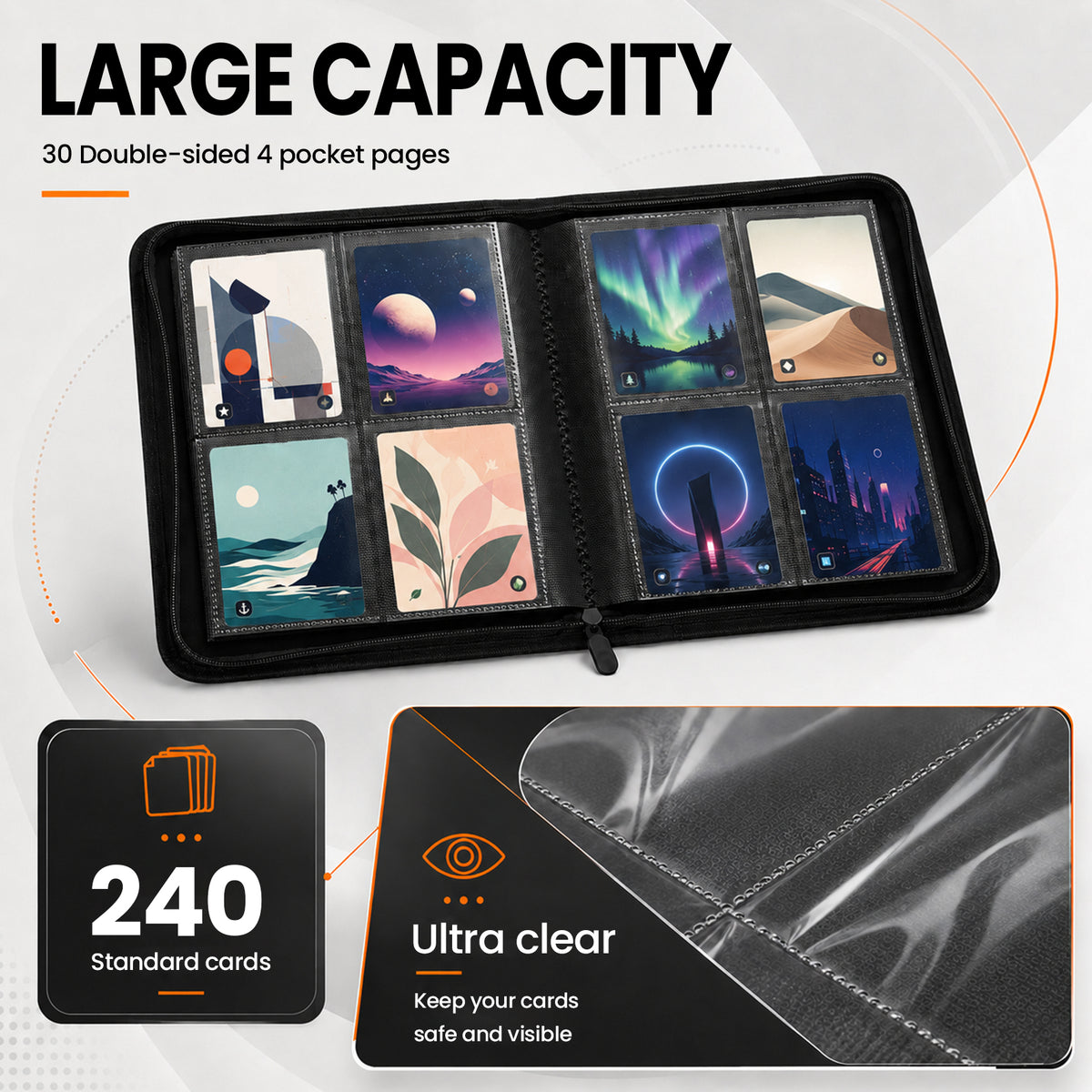 ACEUR Trading Card Binder with 240 Side Loading Pockets, 4 Pocket Trading Card Album Folder for Sport Cards, Game Cards, Gray