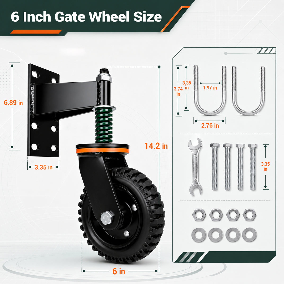 Hohnezl 6'' Heavy Duty Gate Wheel, 500 lb Capacity to Support Sagging Gates, 360° Swivel Spring-Loaded Caster for Metal Tube Gates and Wooden Gates