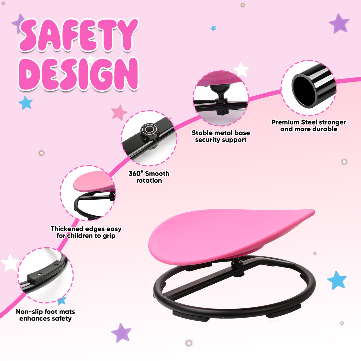 Spinning Chair for Autistic Kids, Sensory Spinner Seat for ADHD Children, 220 LBS Capacity, 360° Sit and Spin Chair with Non-Slip Metal Base, Suits for Coordination Balance Training, Pink