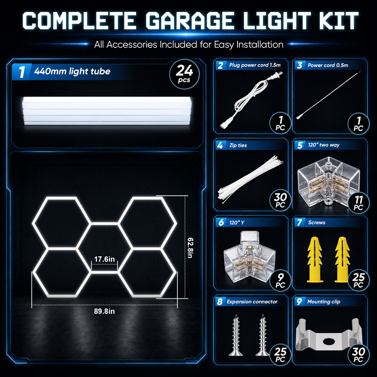 Hohnezl Hexagon Garage Lights, High Brightness 192W 6500K 21000 LM Honeycomb Light, 5 hex Garage light for Warehouse, Gym, Basement, Auto Beauty Shop
