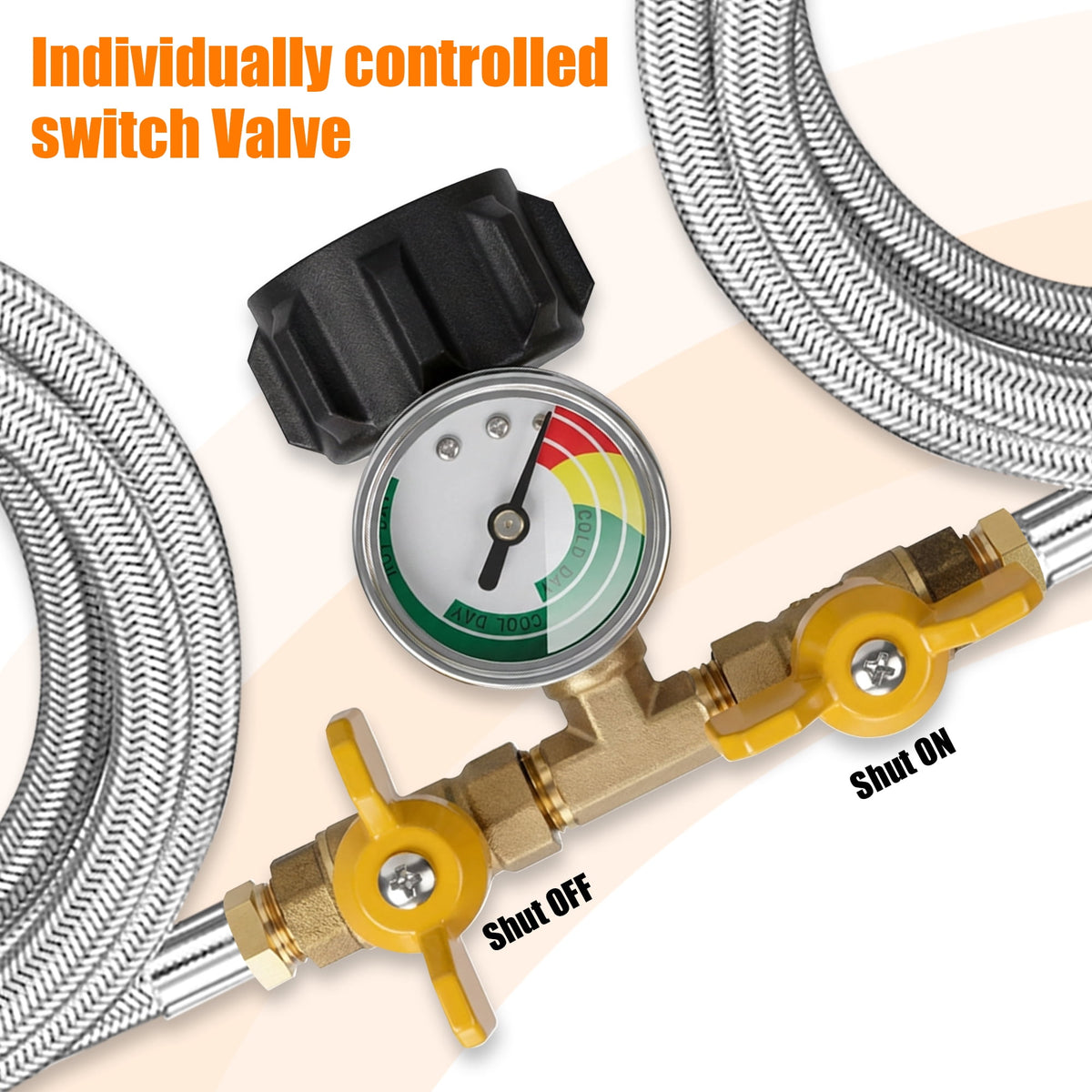 XWYXSTG Propane Hose Splitter, 5FT Stainless Braided 2 Way Y Adapter with Gauge, 1lb Appliance to QCC1 5-40lb Tank for Outdoor Cooking Camping