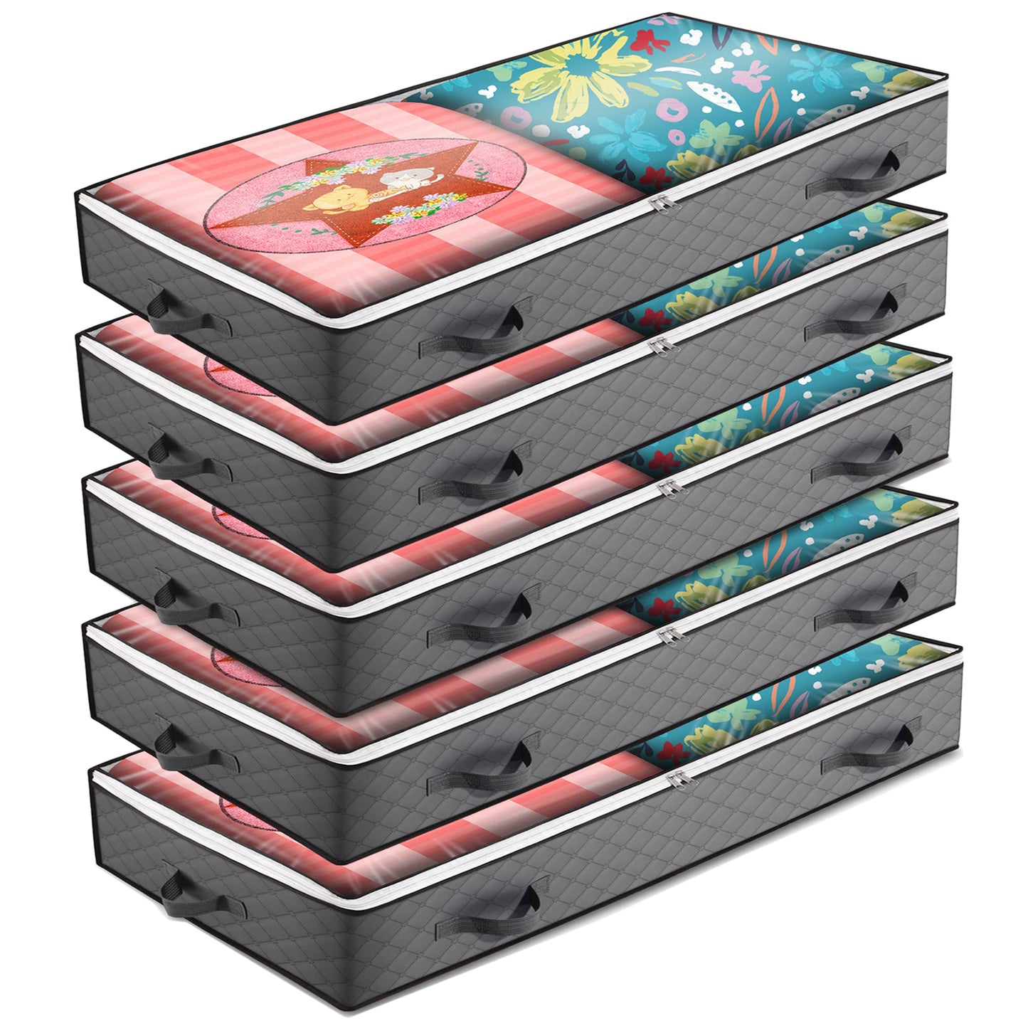 ACEUR 5 Pack Under Bed Storage Bags with Reinforced Handles,75L Visible Underbed Storage with Zips,Foldable Breathable Non-woven Closet Storage for Blanket,Pillows,Comforters and Quilts