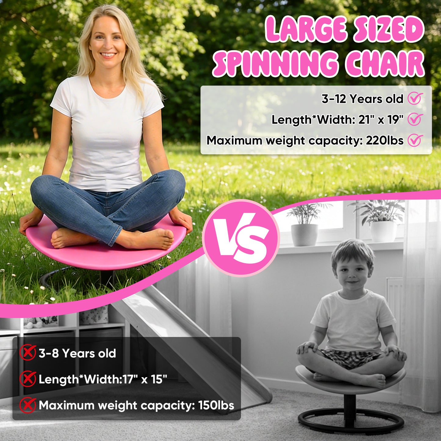 Spinning Chair for Autistic Kids, Sensory Spinner Seat for ADHD Children, 220 LBS Capacity, 360° Sit and Spin Chair with Non-Slip Metal Base, Suits for Coordination Balance Training, Pink