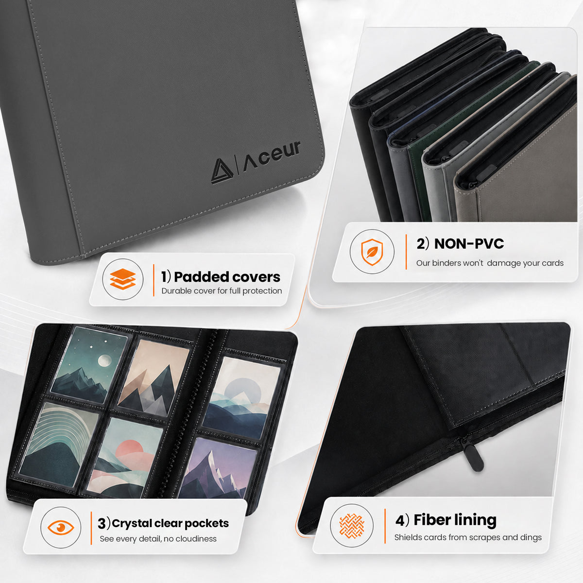ACEUR Trading Card Binder with 240 Side Loading Pockets, 4 Pocket Trading Card Album Folder for Sport Cards, Game Cards, Gray