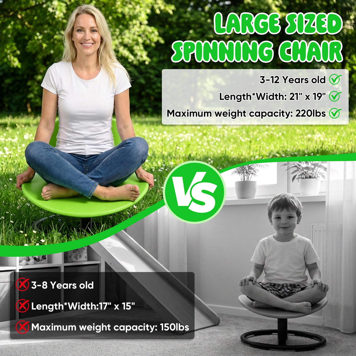 Spinning Chair for Autistic Kids, Sensory Spinner Seat for ADHD Children, 220 LBS Capacity, 360° Sit and Spin Chair with Non-Slip Metal Base, Suits for Coordination Balance Training, Green