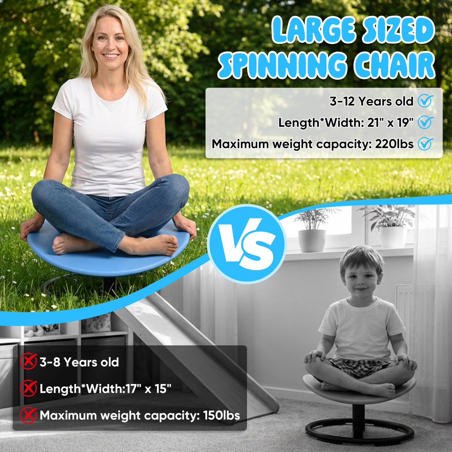 Spinning Chair for Autistic Kids, Sensory Spinner Seat for ADHD Children, 220 lbs Capacity, 360° Sit and Spin Chair with Non-Slip Metal Base, Suits for Coordination Balance Training, Blue