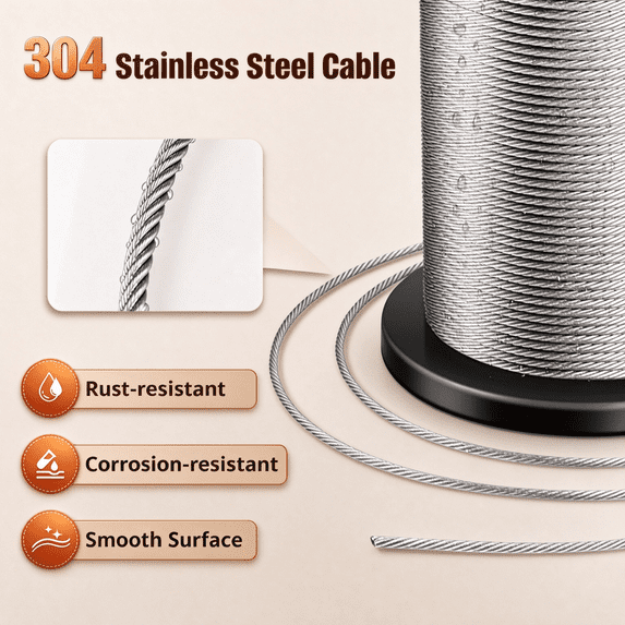 XWYXSTG Black Wire Rope, 1/16 100ft 304 Stainless Steel Overmolded to 3/32 inch with Crimping Sleeves for String Light Hanging, Clotheslines and Trellises