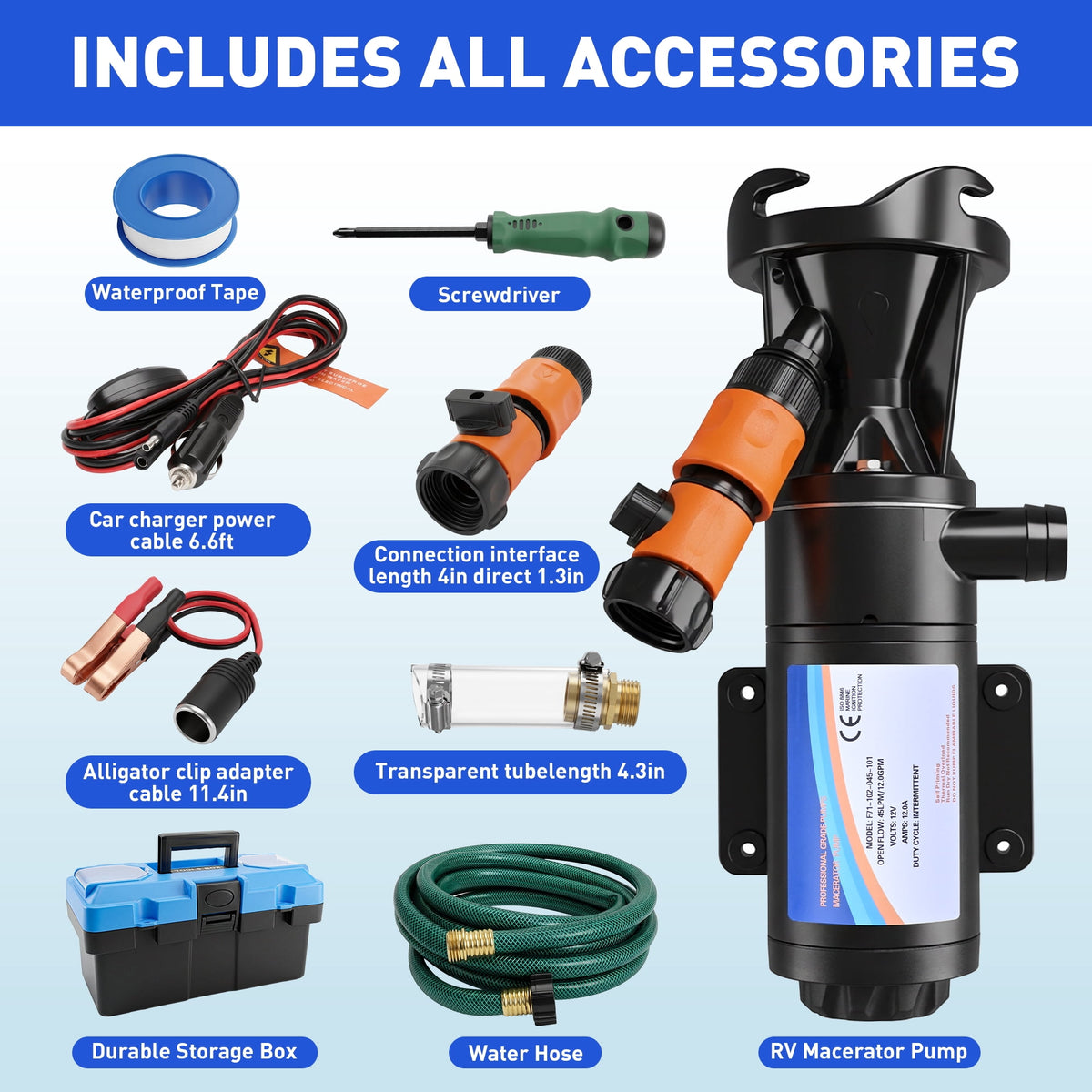 XWYXSTG 12 V RV Macerator Pump Kit,12GPM Portable Waste Pump for Class A/B/C RVs & Travel Trailers Kitchen Bathroom, w/Quick Release, Hose, Clamps, 15 Gal/Min (7-15A MOTOR)