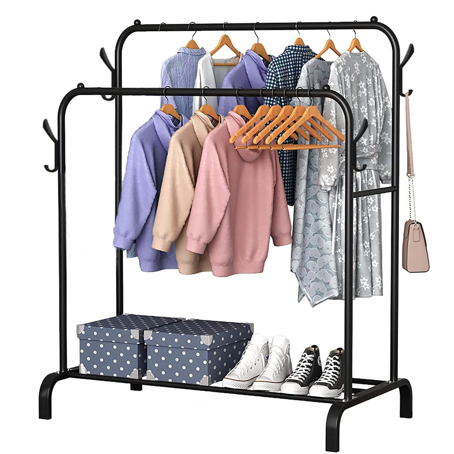 Clothing Racks for Hanging Clothes,Clothes Rack Heavy Duty with Bottom Shelf and 4 Hooks