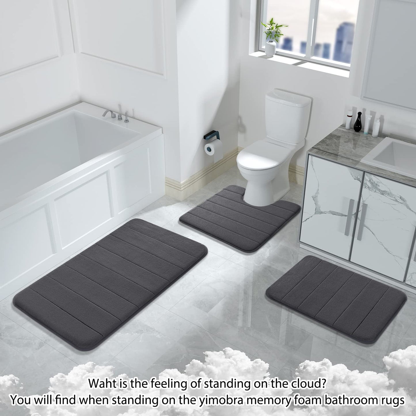 FOINWER Bathroom Mat Set 3 Pcs Memory Foam Absorbent & Non-Slip Dark Gray 44.1 "x24"+ 31.5 "x19.8"
