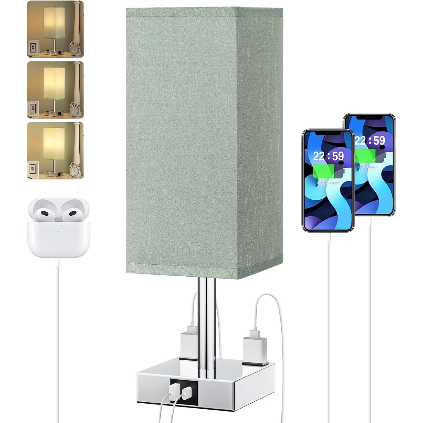 Bedside Table Lamp Touch Control, with USB C+A Charging Ports & Dual AC Outlets, 3-Way Nightstand Lamp for Bedroom with LampShade Living Room Office(LED Dimmable Bulb Included)