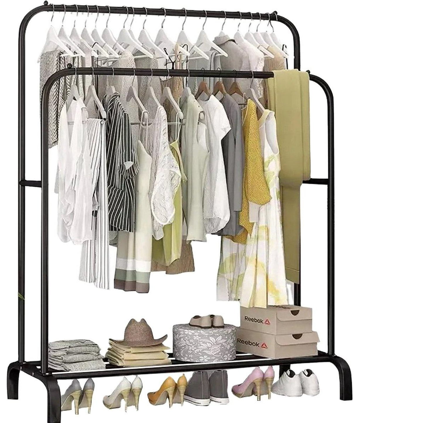 Clothes Rack,Clothing Racks with 4 Hooks and Storage Shelves,Double Garment Rack for Clothes, Coats, Bags, Shoes, Boots