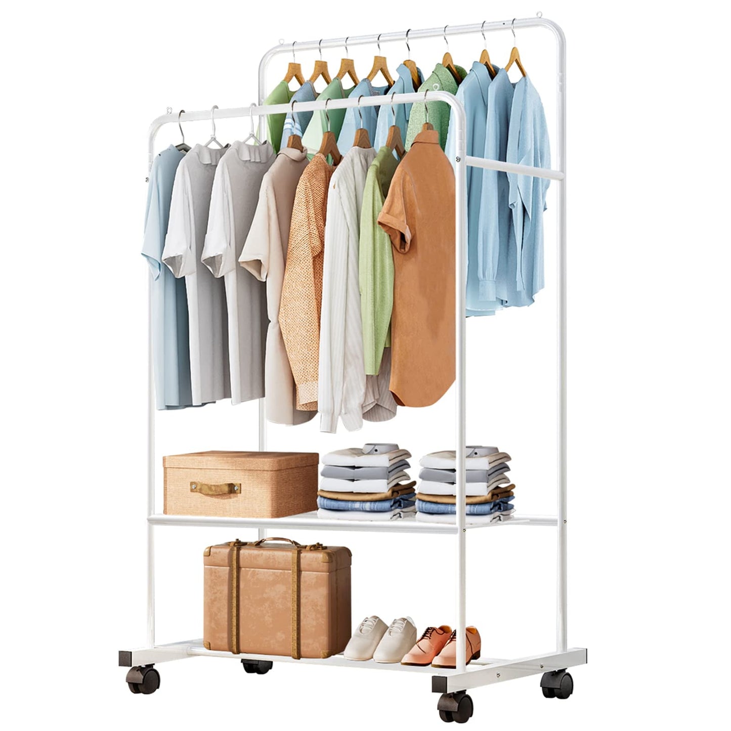 Clothes Rack with Wheels,Clothing Rack with Storage Shelf,Rolling Garment Rack for Hanging Clothes