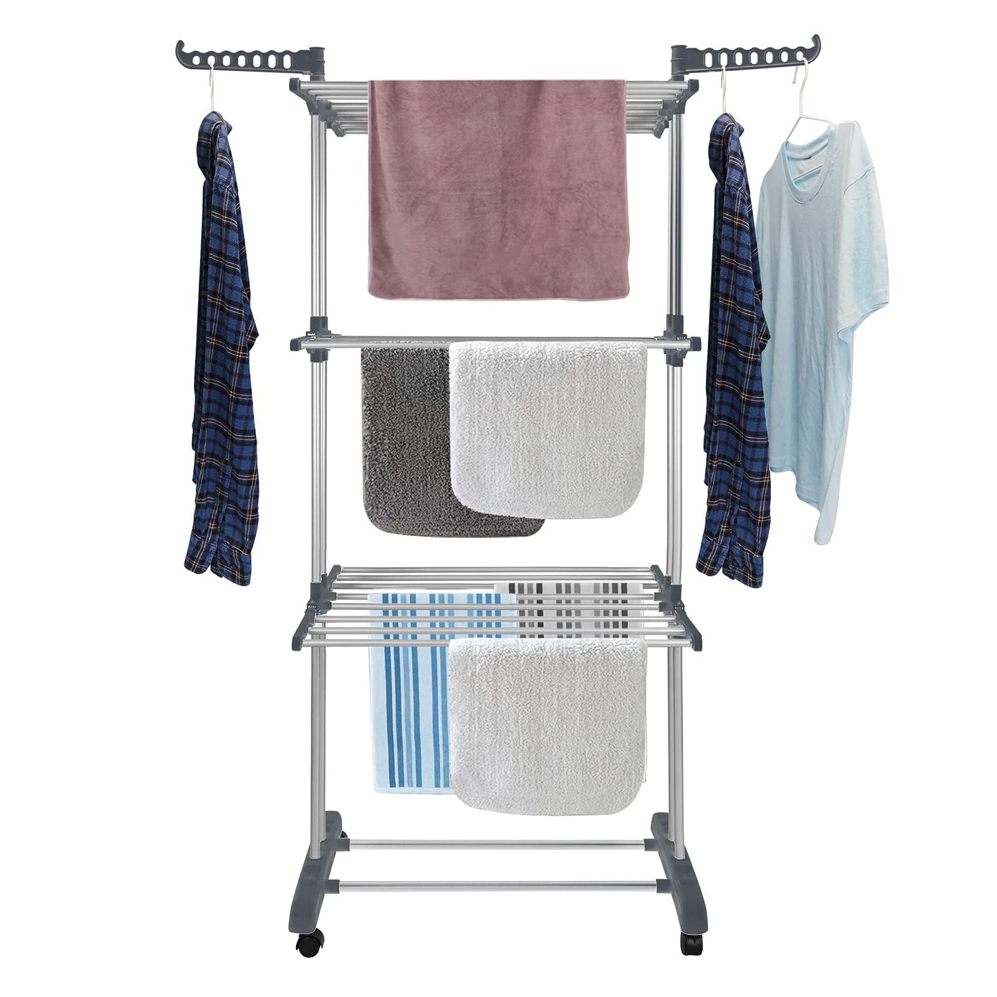 Clothes Drying Rack, Large 4-Tier Foldable Drying Rack Clothin, Movable Drying Rack with 4 castors. Multifunctional Stainless Steel Laundry Drying Rack