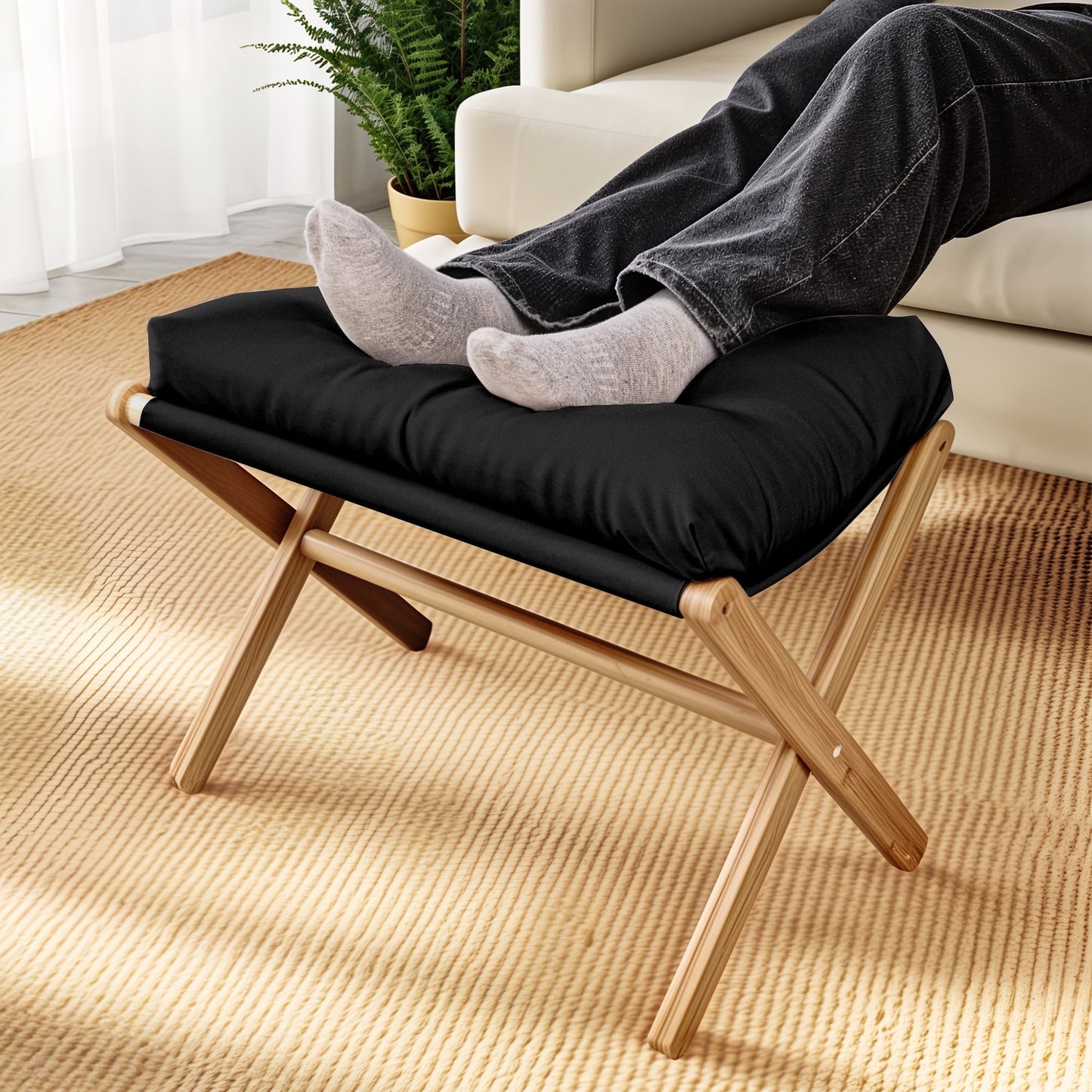 Flngr Folding Footrest Stool, Small Accent Ottoman with Thick Cotton Cushion & Bamboo X Legs, Modern Padded Sofa Stool for Makeup Bedroom Living Room